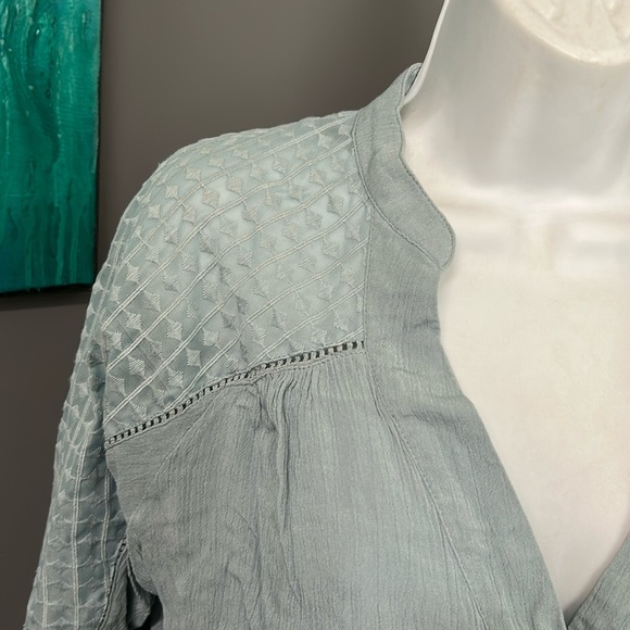 Women’s Blouse Size‎ 12 Green Crinkle Sheer Panel Pullover Coquette Romantic - Picture 2 of 14